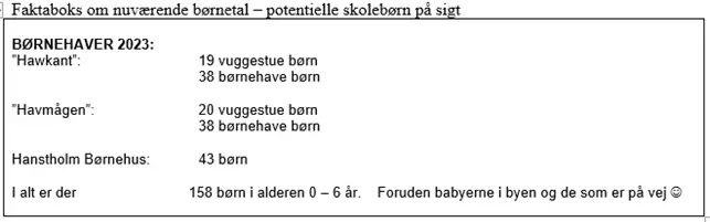 faktaboks om nuv&aelig;rende b&oslash;rnetal potientielle skoleb&oslash;rn p&aring; sigt. Kontakt evt. afdelingen for gennemgang