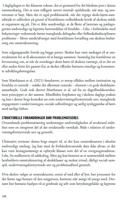 Billedet viser: Et uddrag fra Rasmus Alenkærs sidste bog som omhandler strukturel stabilitet som et problem for skolens praksis.