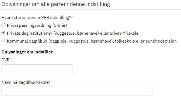 Billedet viser at man skal v&aelig;lge om det er en privat pasningsordning, en priva daginstitution eller et kommunalt tilbud, som starter indstillingen.
