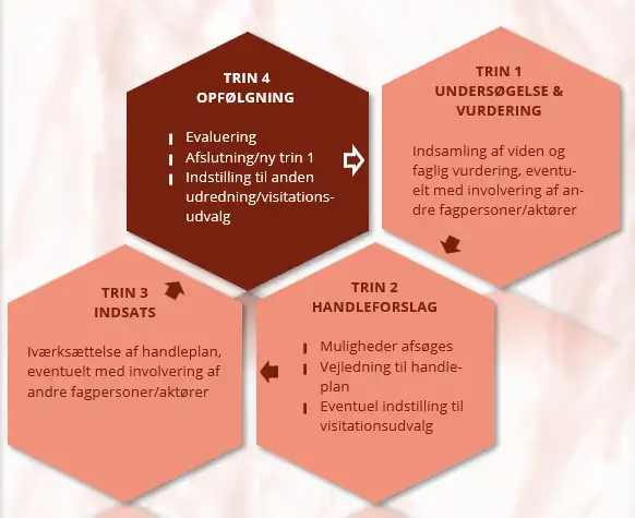 Illustration af PPR-forl&oslash;b i fire trin: unders&oslash;gelse og vurdering, handleforslag, indsats og opf&oslash;lgning.